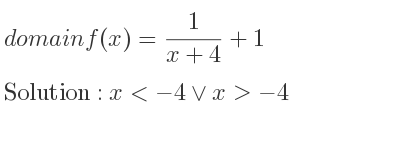 The domain of f(x)= 1/(x+4)+1 is x<-4\lor x>-4